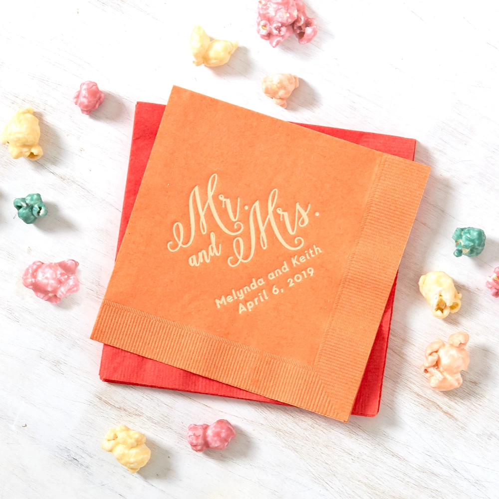 personalized Mr. and Mrs. Calligraphy wedding cocktail napkins