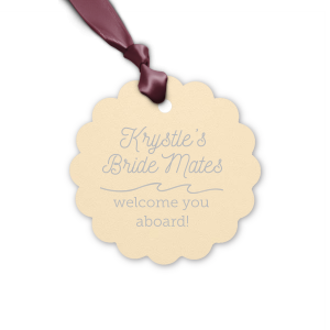 Welcome party guests aboard your bachelorette bash with a themed treat! Be it a snack, drink or preemptive hang over kit, tie your gift with a custom Bride Mates tag. Made of shimmery white paper with Royal Blue foil, this party detail is perfect for a boat, ocean or sailing theme. 