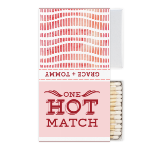 Our beautiful custom White Classic Custom Photo Matchbox with Matte Blush Ink Digital Print Colors and Matte Red Berry Ink Digital Print Colors has a One Hot Match graphic and is good for use in Words, Wedding, Anniversary themed parties and are a must-have for your next event—whatever the celebration!