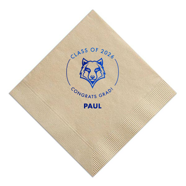 ForYourParty's personalized Sand Luncheon Napkin with Shiny Royal Blue Foil has a Wolf Mascot graphic and is good for use in Animals, Graduation themed parties and will impress guests like no other. Make this party unforgettable.