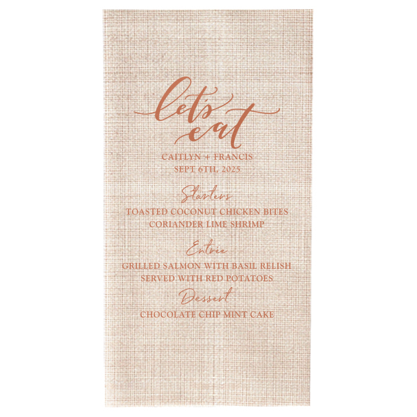 Our beautiful custom White Guest Towel with Satin Copper Penny Foil has a Lets Eat graphic and is good for use in Words, Food themed parties and will give your party the personalized touch every host desires.