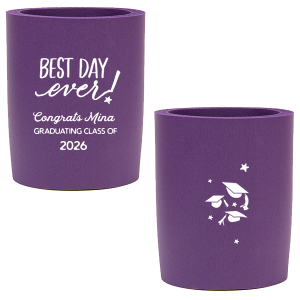 Our custom Purple Round Can Cooler with Matte Pastel Pink Ink Cup Ink Colors has a Best Day Ever graphic and a Caps Thrown graphic and is good for use in Graduation themed parties and can't be beat. Showcase your style in every detail of your party's theme!