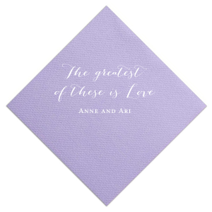 Embrace the essence of commitment with the The Greatest of These is Love Napkin, where a timeless message of love is beautifully showcased. Beneath, the couple's names are inscribed, reflecting the profound bond celebrated on their special day.