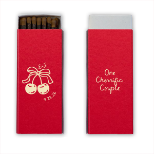 Cheeriness is palatable with the Cherry Couple Matchbox! The cute design of two cherries interlocked with a bow is customizable in a variety of colors and match styles to best express your sweet sentiments. Perfect for weddings, engagements, valentines or as mementos, the stylish product is sure to be a sweet addition.