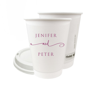 The Swirl Script Duo Cup design combines simplicity with a dash of flair. The couple's names are elegantly stacked, connected by a playful, elongated 'and' in swirling lowercase script. This design adds a touch of whimsy to a classic, understated style.