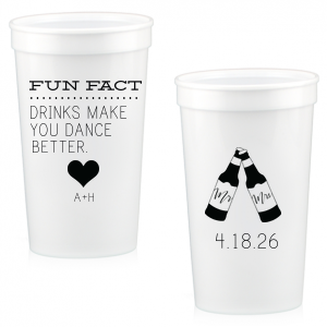 The ever-popular White 22 oz Stadium Cup with Matte Amethyst Ink Screen Print has a Heart Solid graphic and a Mr & Mrs Bottles graphic and is good for use in Wedding themed parties and can't be beat. Showcase your style in every detail of your party's theme!