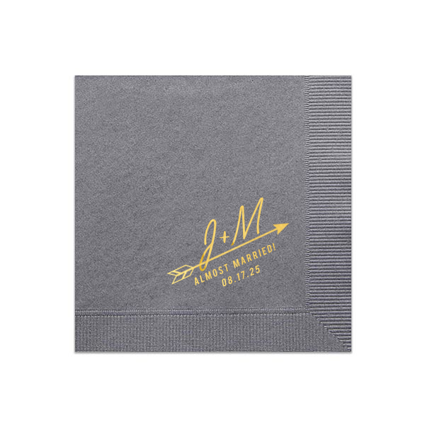 Our beautiful custom Slate Cocktail Napkin with Shiny 18 Kt Gold Foil has a Arrow 2 graphic and is good for use in Accents, Frames, Wedding themed parties and can be customized to complement every last detail of your party.