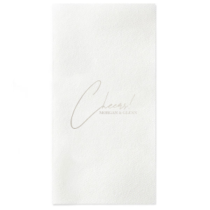 Raise a glass with the Toast of Elegance Napkin, featuring the celebratory exclamation "Cheers!" in an exquisite script atop two conjoined names, set in a classic serif font. This design embodies sophistication, perfect for toasting to love and life's great moments.