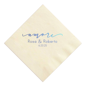 Embrace la dolce vita with the Elegant Amore Napkin showcasing 'amore' in a sweep of elegant script. Above the couple's names and date, this heartfelt Italian term for love adds a touch of global charm to your nuptials.