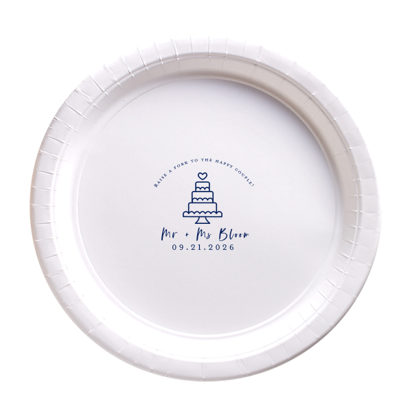 Custom White Dinner Plate with Matte Navy Ink  has a Wedding Cake graphic and is good for use in Food and Wedding themed parties and will look fabulous with your unique touch. Your guests will agree!