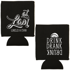 ForYourParty's chic Black Round Can Cooler with Matte White Ink has an At Last graphic and a Lemon Wedge graphic and is good for use in Food, Drinks themed parties and couldn't be more perfect. It's time to show off your impeccable taste.