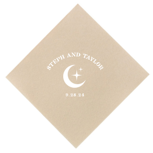 Unite under the stars with the Celestial Love Date Napkin, where the couple's names form an arch over a serene star and moon graphic, complemented by the wedding date in a clean, minimal style. A heavenly detail for your special day.