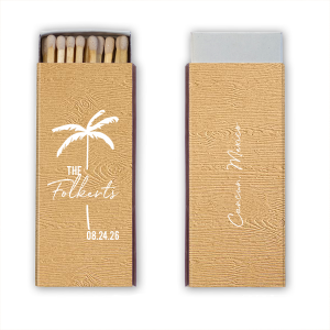 Your guests will be impressed by the tropical Palm Tree Wedding Matchbox at your next event! The wood textured paper gives it a natural feel that adds another touch of uniqueness to your keepsakes. Customize the text in your choice of fonts and colors to best match the vibe of your summertime bash.