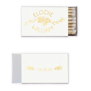 The Peony Garden Floral Name Wedding Match marries elegance with botanical beauty. The front gracefully showcases the couple's names in all caps, arched above and below a central flourish featuring a detailed Peony, symbolizing a happy marriage. The back, adorned with the date and flanked by delicate boughs, completes this refined design.