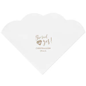 With the She Said Yes Diamond Engagement Napkin, let the fun begin! This exuberant design nestles a sparkling diamond into the joyful exclamation, perfect for celebrating a lifetime of love. Personalize with the couple's name and date for an unforgettable celebration.

