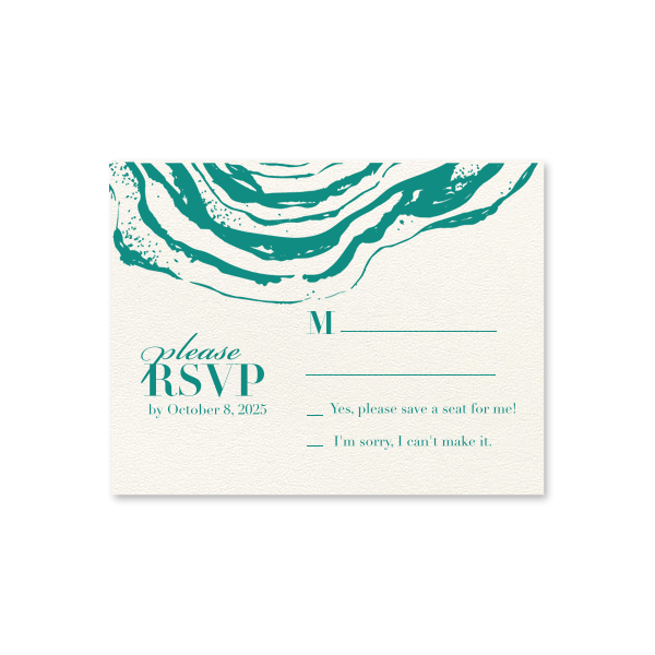 ForYourParty's personalized Stardream Crystal White Foil Stamped RSVP Card with Matte Teal/Peacock Foil will look fabulous with your unique touch. Your guests will agree!