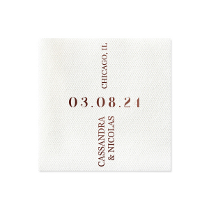 Celebrate your union with the Central Date Flair Napkin, where the wedding date takes center stage, boldly inscribed between the ascending couple's names and location details. A striking layout for an unforgettable matrimonial event.