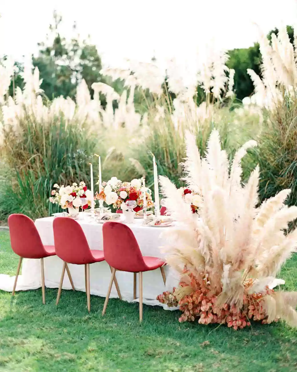 pampas grass as wedding reception table floral feature