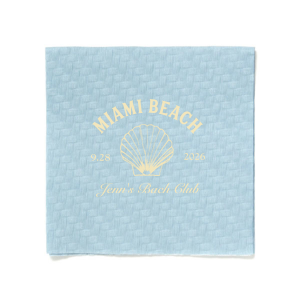 Dive into the festivities with the Bachelorette Beach Party Seashell Soiree Napkin, featuring the bachelorette's name in a timeless script, her party's coastal location, and date, elegantly accented with a chic sea shell graphic. The perfect accompaniment to "The Last Splash" celebration by the shore.