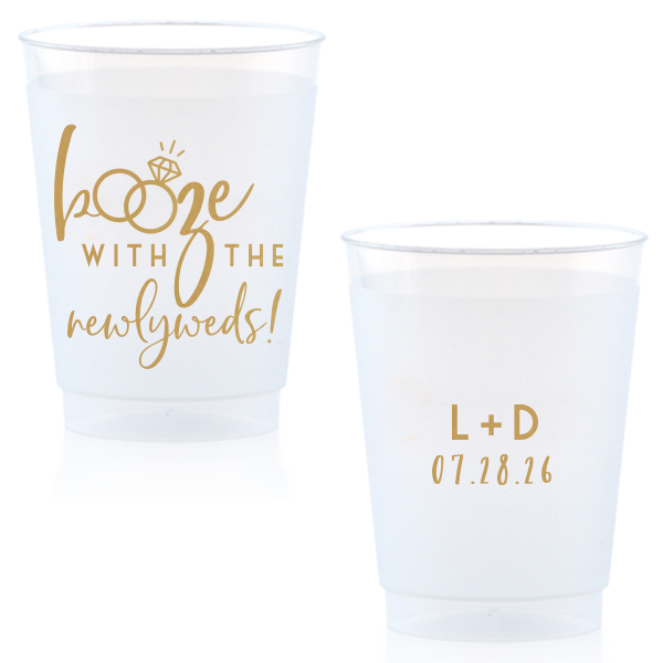 Personalized Gold Ink 14 oz Frost Flex Cup with Gold Ink Cup Ink Colors has a Wedding Rings 2 graphic and is good for use in Wedding themed parties and are a must-have for your next event—whatever the celebration!