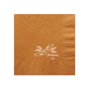 Our custom Burnt Sienna Cocktail Napkin with Matte White Foil has a Twig Banner graphic is great for your next Thanksgiving gathering. Showcase your style in every detail of your party's theme!