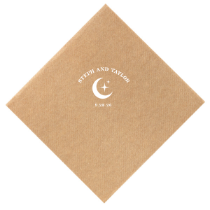 Unite under the stars with the Celestial Love Date Napkin, where the couple's names form an arch over a serene star and moon graphic, complemented by the wedding date in a clean, minimal style. A heavenly detail for your special day.