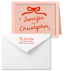 Send well wishes to loved ones near and far with the Hand-drawn Twinkle & Bow Note Card with Envelope. The high quality paper stock card is available in a wide variety of colors along with your choice of foil stamp color, making it a highly customizable stationary perfect for your unique needs.