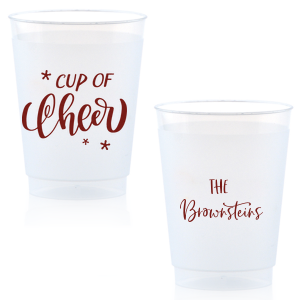 Our custom Matte Merlot Ink 14 oz Frost Flex Cup with Matte Merlot Ink Cup Ink Colors has a Cup of Cheer graphic and is good for use in Drinks, Holiday, Christmas themed parties and can be customized to complement every last detail of your party.
