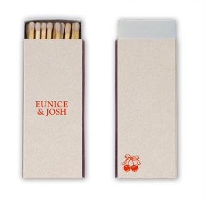 Choose a matchbox as cute as you with the Cherry Pair Matchbox. The simple design features personalized text on the front and a solitary pair of cherries on the backside. Available in your choice of box color and foil stamp color, the product is easy to customize to your liking and match your unique taste.