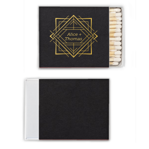 The Modern Deco Geometric Prism Match is a fusion of artistry and contemporary design. Its cover showcases a dynamic 3D geometric Art Deco pattern, creating a prism-like effect that radiates energy. Central to this vibrant display are the couple's first names, elegantly stacked, offering a personalized touch amidst the lively, artsy backdrop. This design makes a bold statement, reflecting a vibrant and energetic celebration.