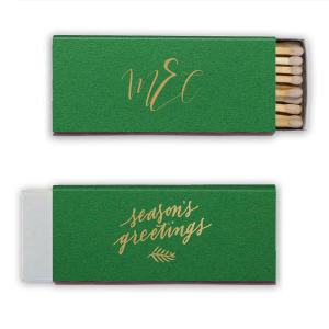 ForYourParty's chic Natural Leaf Riviera Matchbox with Satin 18 Kt. Gold Foil has a Season's Greetings graphic and is good for use in Words, Holiday, Christmas themed parties and are a must-have for your next event—whatever the celebration!