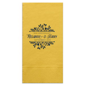 Surround your celebration's highlights with the Floral Frame Anniversary Napkin, where lush foliage bursts into a bold frame. This stunning design lends a flourish to any cherished gathering, beautifully cradling your personalized details.