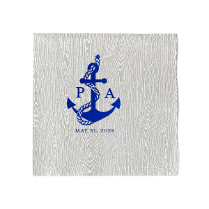 Anchors up for a good time! The Anchor Nautical Nuptial Napkin is a perfect addition to your next special party event. Featuring a foil stamped design of an anchor wrapped in rope above custom text, the design suites well for outdoor occasions and nautical themes.