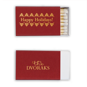 Ignite the festive spirit with the Happy Holidays Family Name Matchbox, framed by twinkling trees. The joyous greeting and 'the [Family Name]' on the back bring a personal spark to your seasonal celebrations, lighting up holiday warmth.