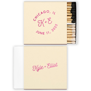 The Bespoke Logo Initials Stamp Wedding Match design charmingly transforms the couple's initials into a bespoke logo, playfully echoing the sophistication of a stamped seal. The city and date add a personalized, almost official flair, turning each piece into a unique hallmark of their special day.