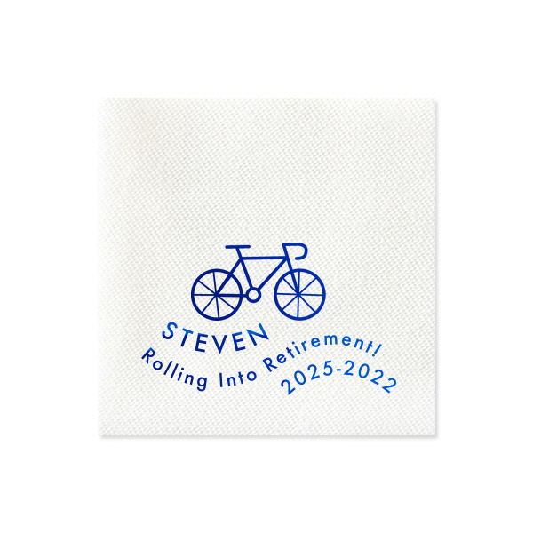 Pedal to Paradise. Celebrate the journey with the Rolling into Retirement Bicycle Napkin. Featuring a charming bicycle graphic and a playful "Rolling into Retirement" wave design, this napkin captures the excitement of new adventures ahead. Perfect for honoring the retiree's years of service and the open road that awaits.