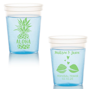 ForYourParty's chic Lime 16 oz Stadium Cup with Matte White Ink Ink Color has a Aloha graphic and a Clams graphic and is good for use in Animals, Beach/Nautical, Wedding themed parties and can be personalized to match your party's exact theme and tempo.