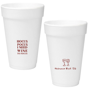 The Hocus Pocus Focus Cup is the ideal custom Halloween party accessory.  Featuring the phrase "hocus pocus I need candy to focus" and a modern and minimal graphic of wine glasses, you can personalize with your name, and the year. This chic Halloween accessory will be a hit at your autumnal events. 