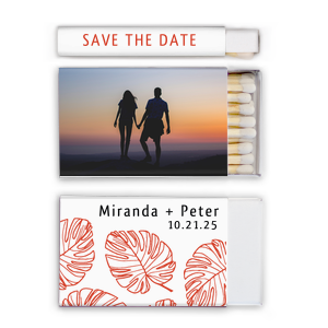 ForYourParty's personalized White Classic Custom Photo Matchbox with Matte Black Ink Digital Print Colors and Matte Poppy Ink Digital Print Colors has a Palm Pattern graphic and is good for use in Floral, Full Bleed, Organic themed parties and will add that special attention to detail that cannot be overlooked.