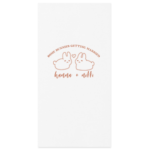 Hop into matrimonial joy with the Some Bunnies Wedding Napkin, complete with an adorable drawing of two bunnies and a heart nestled between them. The playful phrase "Some Bunnies Getting Married" sets a whimsical tone, while the area below awaits the couple's names, scripted with modern elegance. A delightful addition to your wedding tablescapes.