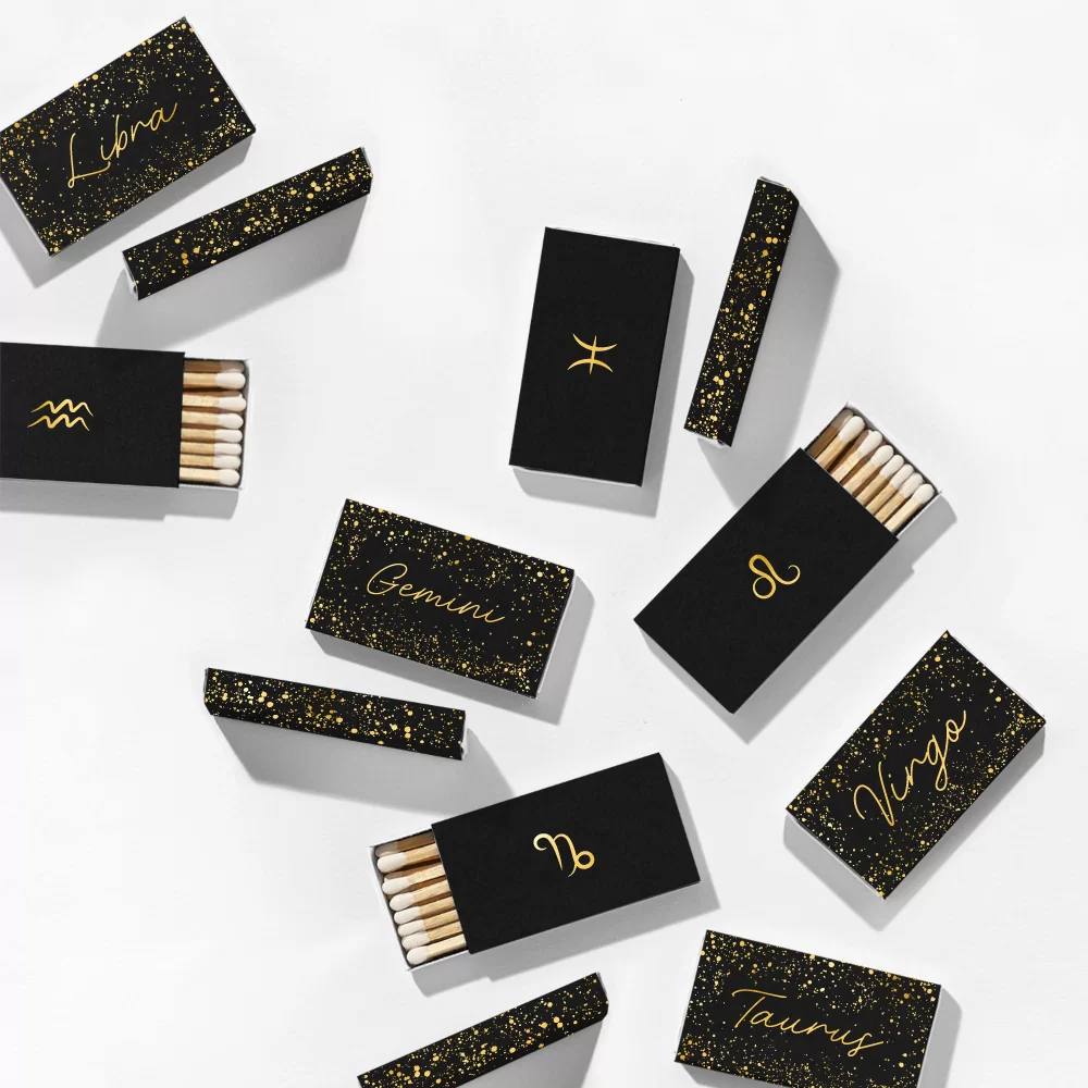 All Zodiac signs classic style matchbox with shiny gold imprint on natural black paper