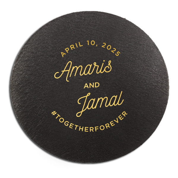 Toast to elegance with the Elegant Modern Script Name & Hashtag Coaster, where love circles timelessly. The couple's names dance in a chic script, crowned by the celebration date and grounded with a bespoke hashtag, inviting guests to share the joy. It's a classy touch to any refined celebration. 