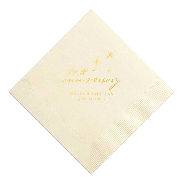 Celebrate years of love under a canopy of stars with the Stars Anniversary Napkin, where a scripted anniversary year mingles with celestial sparkle. The couple's names and date shine below, adding a touch of twilight enchantment to your milestone festivity.
