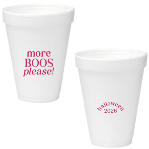 Celebrate Halloween with the More Boos Please Cup. Personalize with the year, and get ready to cheers in style with this modern Halloween party accessory. Perfect for office Halloween parties or at home spooky events. 