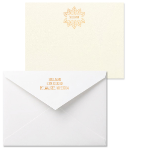 Our beautiful custom Strathmore Ivory Grande Card with Shiny Copper Foil has a Merry Mandala graphic and is good for use in Floral themed parties and can be customized to complement every last detail of your party.