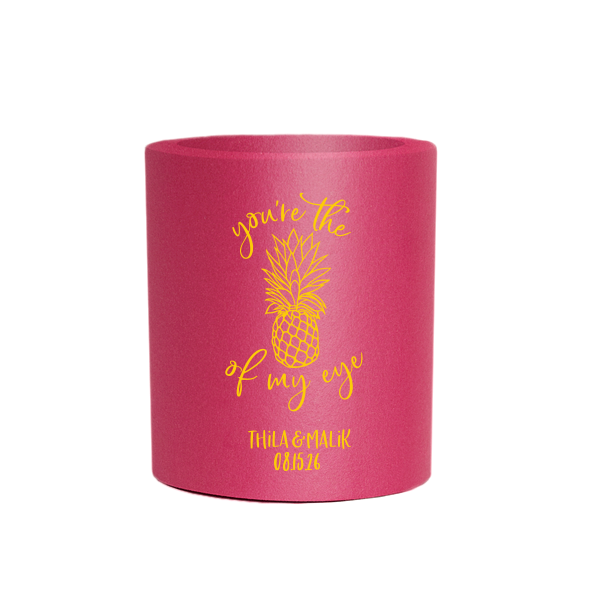 Custom Hot Pink Round Can Cooler with Matte Sunflower Ink Cup Ink Colors has a Pineapple Tiki graphic and is good for use in Food, Beach/Nautical themed parties and will look fabulous with your unique touch. Your guests will agree!