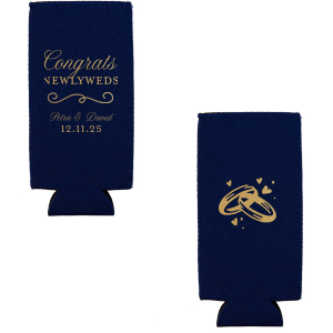 The ever-popular Royal Blue Flat Can Cooler with Gold Ink Cup Ink Colors has a Fancy Flourish 2 graphic and a Wedding Rings graphic and is good for use in Wedding, Anniversary, Love themed parties and can't be beat. Showcase your style in every detail of your party's theme!