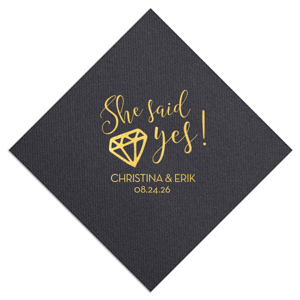 Celebrate the joy of a new engagement with our She Said Yes Diamond Napkin. Its vibrant text and sparkling diamond image exude excitement and happiness. Personalize with the couple’s names and the special date, making it perfect for engagement parties, toasting to the future, and marking the beginning of a beautiful journey together.