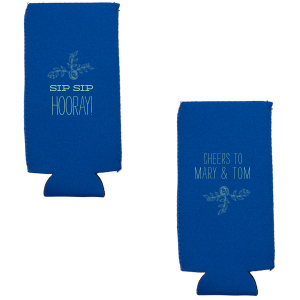 Toast to love with the Floral Sip Sip Hooray Can Cooler. An elegant bough and flower frame the jubilant "Sip Sip Hooray!" while the reverse side cheers to the happy couple. This design beautifully blends celebration with floral elegance, perfect for newlyweds.
