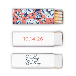 Our custom White Square Custom Photo Matchbox with Matte Light Coral Ink Digital Print Colors and Matte Navy Ink Digital Print Colors will make your guests swoon. Personalize your party's theme today.